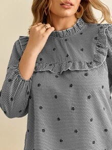Écloséra Curve Plus Size Women's French Vintage Plaid Shirt, Woven Fabric, Ruffle Collar, Frill Trim, Embroidered Puff Long Sleeve Blouse - Black - View 6