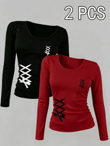 Teen Girls Fall Waist Strap Graphic Fitted Long Sleeve T-Shirt 2 Pcs, Casual Autumn Fall Tops - Multicolor - View 1