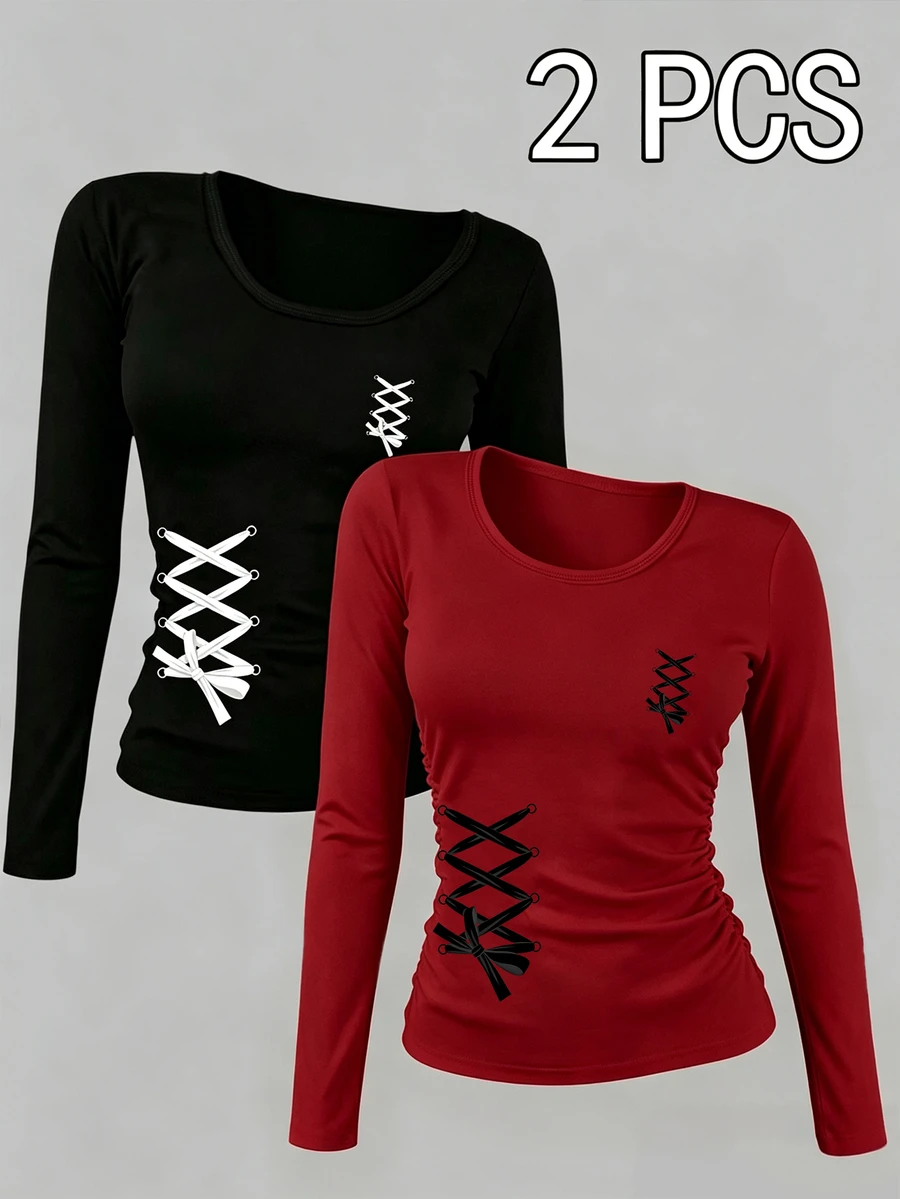 Teen Girls Fall Waist Strap Graphic Fitted Long Sleeve T-Shirt 2 Pcs, Casual Autumn Fall Tops - Multicolor - View 1