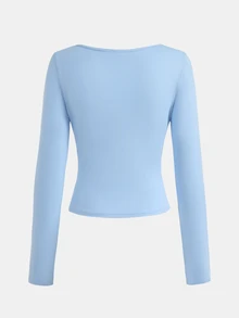 SHEIN Teen Girl Knit Blue Contrast Lace Trim V-Neck Long Sleeve Slim Fit T-Shirt - Baby Blue - View 2