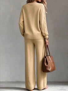 Breezaya Women's Solid Color V-Neck Long Sleeve Top And Pants Casual Daily Knit 2 Pieces Set - Khaki - View 2