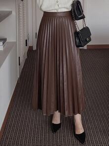 DAZY Women's Solid Color High Waist Elegant Commute Pleated Skirt - Coffee Brown - View 6
