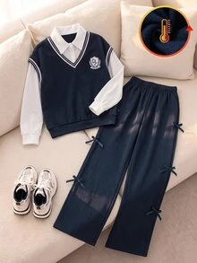 SHEIN 青少年女孩學院風毛衣背心上衣與寬腿長褲兩件套，抓絨內裡套裝，適合秋冬 - 藍色 - 查看 5