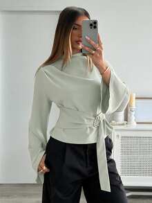 Aloruh Women's Solid Color Stand Collar Drop Shoulder Long Sleeve Waist Buckle Design Fashion Shirt - Green - View 4