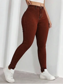 SHEIN ICON 大尺碼女款休閒舒適淺藍色彈性牛仔褲 - 棕色 - 查看 4