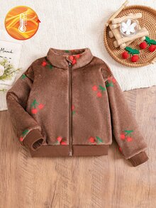 Elladie kids 女童可愛蝴蝶結人造毛冬季拉鍊外套，櫻桃印花刷毛夾克，適合職業日與秋季休閒外出 - 棕色 - 查看 5