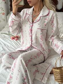 CottageSlumber Bubble Crinkle Chain Floral Print Lapel Long Sleeve Pants Pajama Set - White - View 6