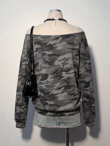 SHEIN EZwear 女款休閒衛衣，迷彩印花，露肩衛衣，女款秋冬服飾，街頭風，適合日常通勤、約會、派對、秋冬、夏季、聖誕節、新年、感恩節、派對、婚禮、海灘、畢業典禮，優雅、休閒、外出 - 彩色 - 查看 4