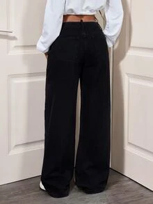 SHEIN Tall 女款休閒 Y2K 低腰直筒牛仔褲，附口袋，外出穿著，黑色 - 黑色 - 查看 2