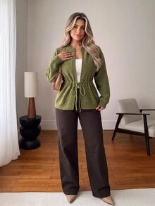 Vionelle Plus Size Vintage Lace-Up Long Sleeve Knit Cardigan - Green - View 4