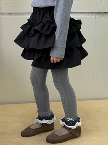 Dazy Kids Legging Lucu untuk Anak Perempuan dengan Pinggang Elastis dan Hiasan Patchwork di Bagian Bawah. - Dark Grey - View 7