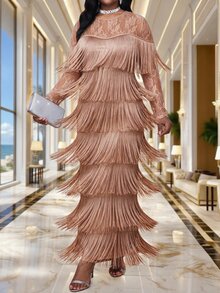 SHEIN Lady 大尺碼女款蕾絲拼接流蘇設計休閒派對洋裝 - 摩卡棕 - 查看 6