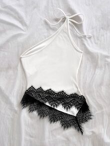 Soleia 女款不對稱綁帶單肩修身蕾絲拼接上衣，適合約會、夜店、波希米亞風，黑色與米色，夏季款，無胸墊 - 白色 - 查看 2