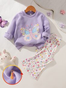 SHEIN Elladie kids 2件組幼童女款運動衫喇叭褲套裝，可愛紫色蝴蝶貼花花卉印花，長袖圓領，常規版型，派對秋季假期公主風套裝 - 紫色 - 查看 1