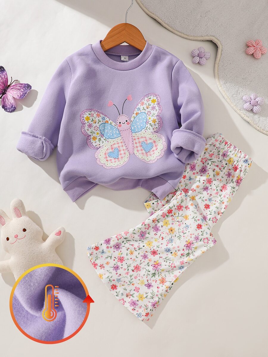 SHEIN Elladie kids 2件組幼童女款運動衫喇叭褲套裝,可愛紫色蝴蝶貼花花卉印花,長袖圓領,常規版型,派對秋季假期公主風套裝 - 紫色 - 查看 1