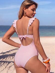 SHEIN Swim 女款夏季海灘度假成熟風針織提花藍白條紋荷葉邊抹胸抓皺收腰顯瘦連身泳衣 - 粉色 - 查看 2