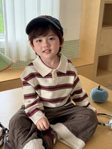 DAZY Infant (Boy) Turn Collar Striped Korean Style Long Sleeve Sweater - Coffee Brown - View 9