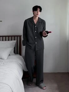 DAZY 春秋款男士長袖黑色條紋長褲家居服套裝 - 黑色 - 查看 5