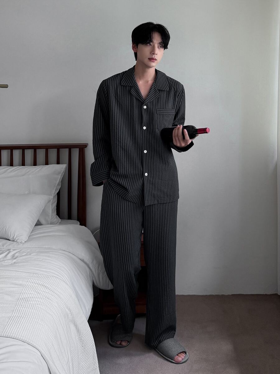DAZY Spring/Autumn Long Sleeve Black Striped Long Pants Men's Loungewear Set - Black - View 1