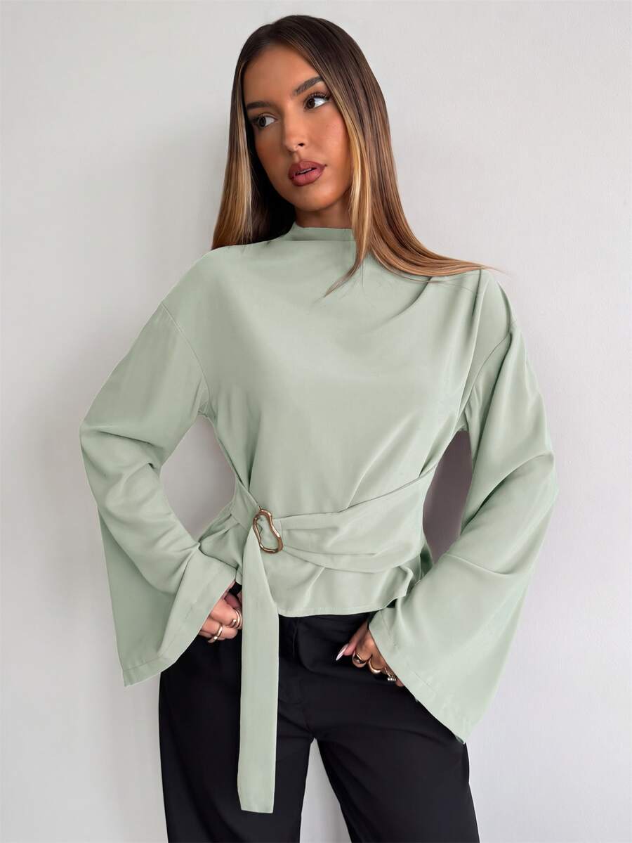 Aloruh Women's Solid Color Stand Collar Drop Shoulder Long Sleeve Waist Buckle Design Fashion Shirt - Green - View 1