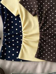 Teen Girls Casual Minimalist Polka Dot Print, Round Neck Waist Ruched Fitted Short Sleeve T-Shirt Suitable For Spring Summer Autumn Winter All Seasons Y2k, Easy Comfort, Tops, Chill, Polka Dot, Personalized Outfit, Daily Basic Matching - Multicolor - View 5