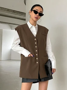 DAZY 商務休閒鈕扣式西裝背心外套 - 棕色 - 查看 2