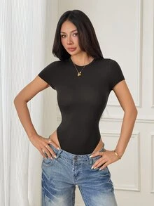 SHEIN PETITE 純色修身連身衣，適合嬌小女性 - 深灰色 - 查看 2
