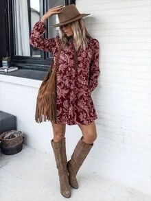 SHEIN LilyWest 女款秋冬新款印花蕾絲飾邊洋裝 - 酒紅色 - 查看 6