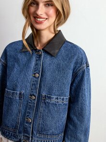 Willow Rêve Áo khoác denim xanh phối cổ PU đen cho nữ - Màu xanh lam - Xem 1