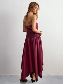 Willow Rêve Women's Embroidered Lace Halter Neck Asymmetrical Hem Dress - Red Plum - View 2