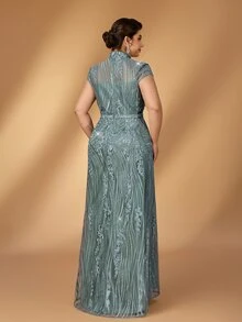 Serin Gaun Ukuran Plus Elegan Glamor dengan Hiasan Manik-manik dan Bordir, Leher V, Lengan Panjang Transparan, Detail Kerut, dan Potongan Pas Badan, Cocok untuk Semua Acara Formal, Gaun Pengantin, dan Gaun untuk Ibu Pengantin. - Hijau - View 3
