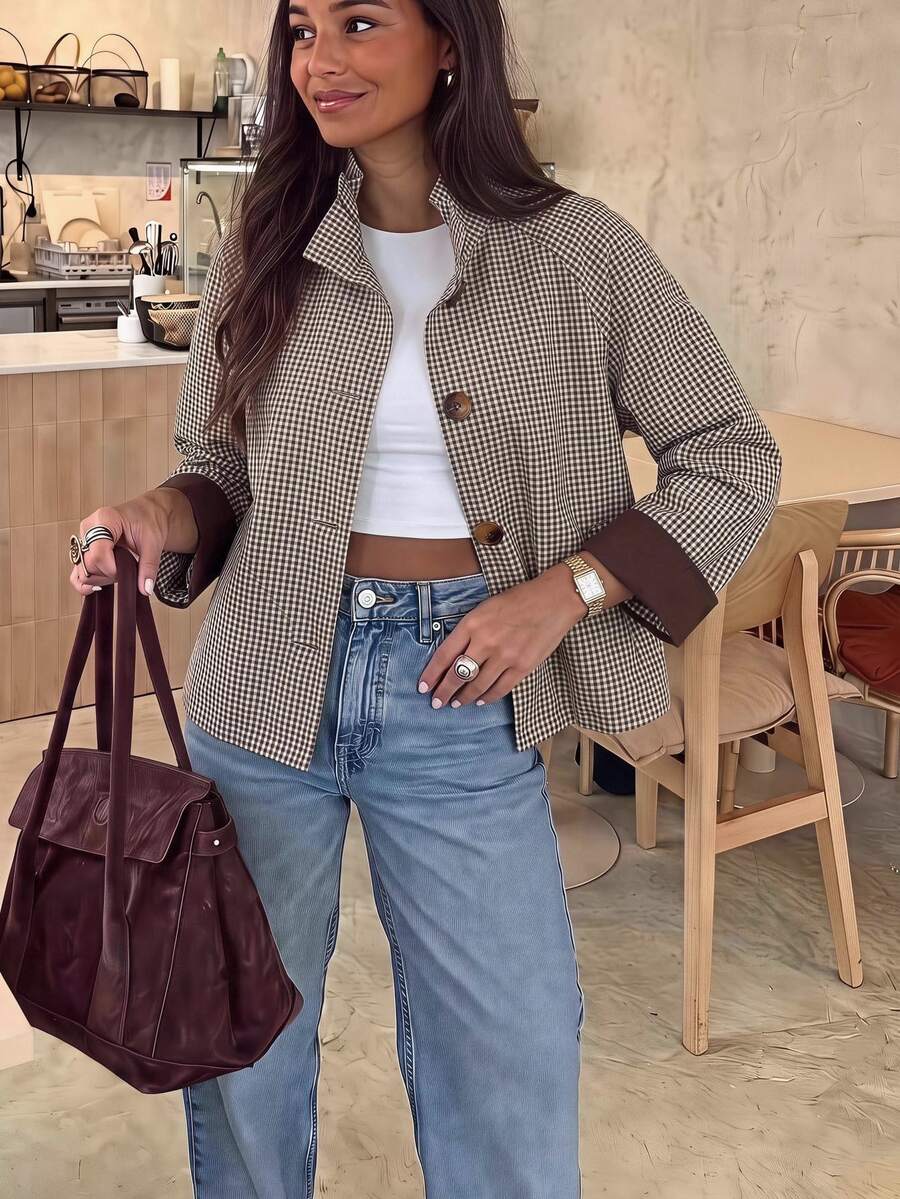 Brillora Gingham Plaid Stand Collar Button Front Contrast Cuff Raglan Sleeve Jacket,All-Season Casual Short Trench Coat Jacket, Shopping, Daily Commute - Brown - View 1