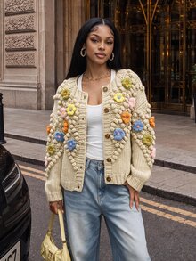 BamGleam Autumn/Winter Fashion Hand-Knitted Front Floral Applique Long Sleeve Cardigan Sweater - Khaki - View 6