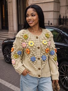 BamGleam Autumn/Winter Fashion Hand-Knitted Front Floral Applique Long Sleeve Cardigan Sweater - Khaki - View 5
