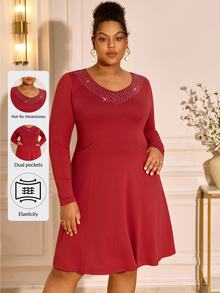 BrightlyHer Plus Size Burgundy Rhinestone V Neck Long Sleeve Dress Elegant Formal Party Evening Fall Winter 2026 Christmas - Burnt Orange - View 2