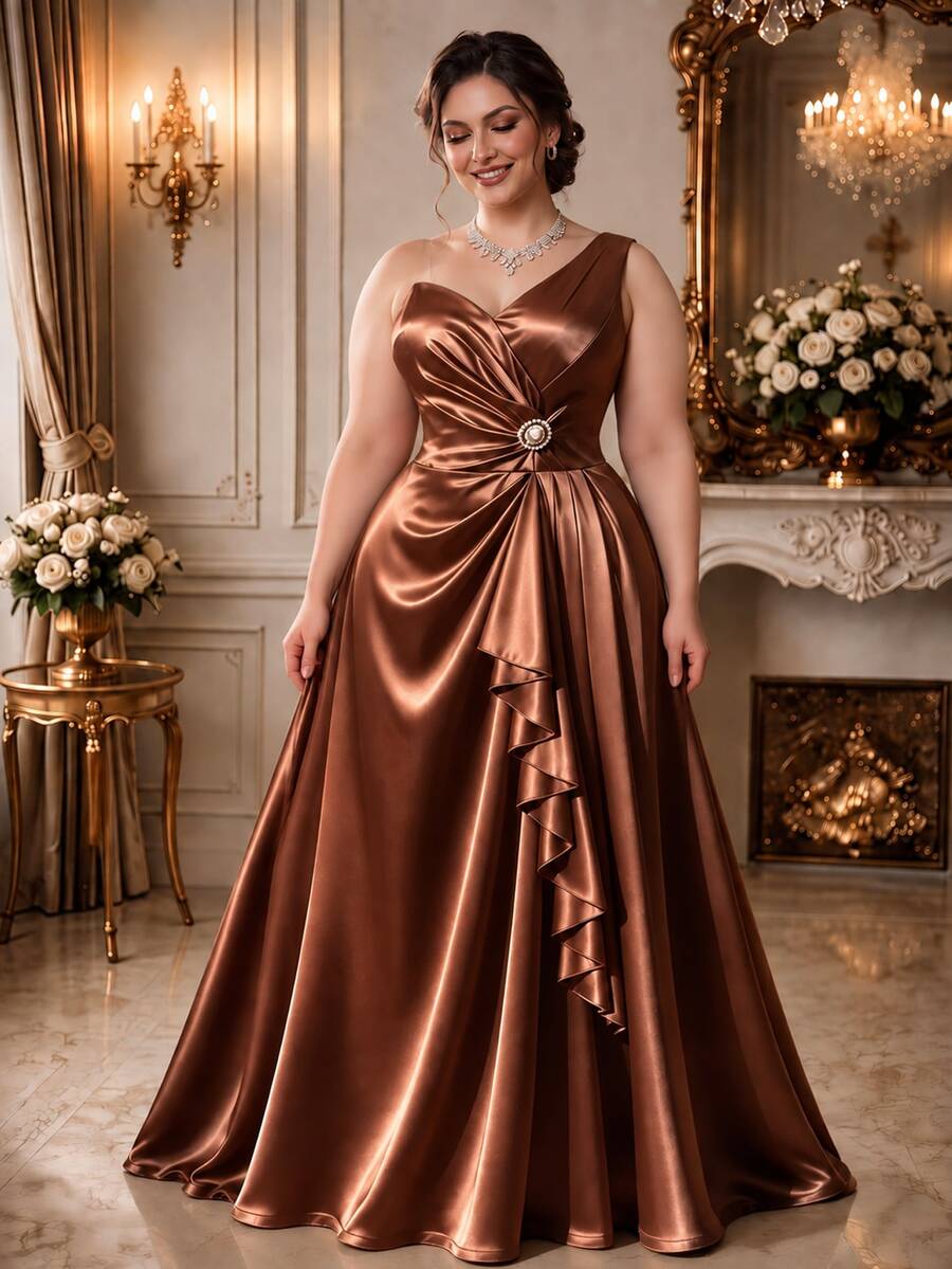 Rometta Gaun Wanita Ukuran Besar Warna Biru Tua dengan Satu Bahu, Pinggang Berkerut, Hem Berumbai Asimetris, dan Dekorasi Gesper Berlian Imitasi, Gaun Malam Panjang Elegan untuk Pesta, Perjamuan, Acara Ramah Tamah, Acara Ulang Tahun, Gaya Mewah - Coklat - View 1