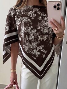 Aloruh 女款春夏圓領圍巾上衣，適合度假、約會、海灘、海邊，米色浪漫風夏季上衣 - 咖啡棕 - 查看 1