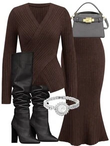 SHEIN Clasi Cross V-Neck Sweater And Mermaid Knit Skirt Set - Coffee Brown - View 1