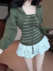 DAZY 2PCS Women Sweater Co-Ords - Dark Green - View 2