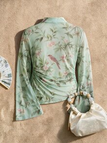 EastFlair Plus Size Women's Floral Print Frog Button Placket Long Sleeve Ruched Top - Multicolor - View 5