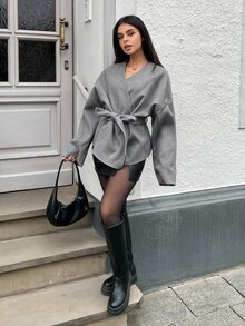 MainGRL 女款純色前綁帶長袖極簡優雅夾克，休閒日常穿著，秋季/辦公室米白色 - 淺灰色 - 查看 4
