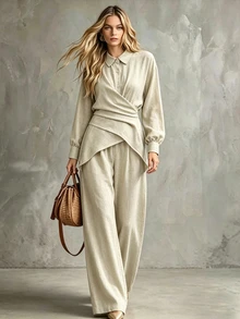 SHEIN Women's Elegant Casual Cross-Strap Long Sleeve Shirt And Pants 2 Pieces Set, Commuter Outfit - Black and White - View 3