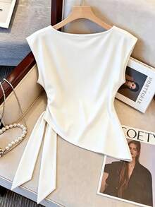 Resyla Asymmetrical Hem Round Neck Dolman Sleeve Top - White - View 2