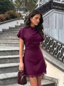 Firerie Women's Vintage Lace Patchwork Pleated Dress - Red Violet - View 1