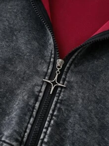 ROMWE MEN Men's Vintage Colorblock Patchwork Washed Hoodie - Black - View 4