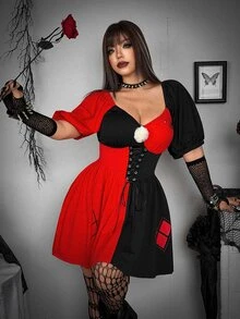 Whyspr Harley Quinn X SHEIN Plus Size Y2K Pom Pom Drawstring Contrast Color Dress - Red - View 5