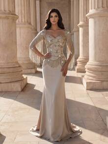 Coutiva Women's Tassel Design Fashion Waist-Cinched Evening Gown Dress - Apricot - View 5