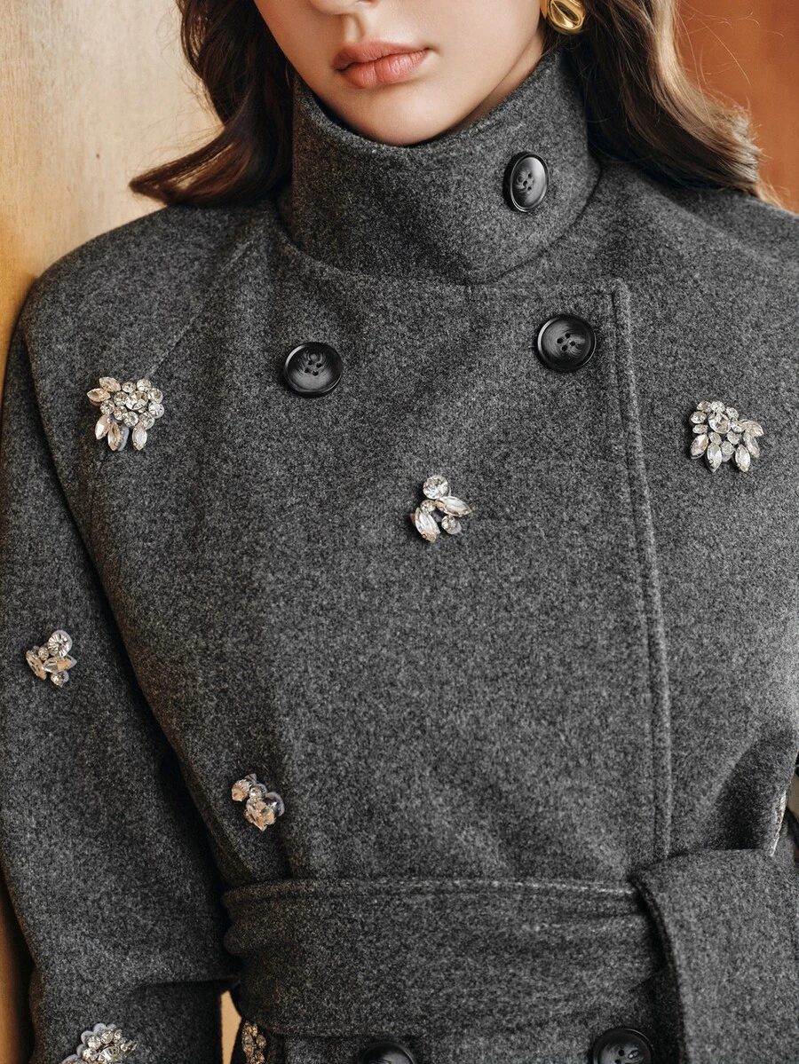 Anewsta Autumn/Winter Luxury French Handmade Rhinestone Embellished Lapel Grey Long Wool Coat For Women - Grey - View 1
