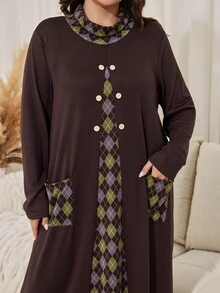 Lacomfia Minimalist Casual Solid Color Patchwork Geometric High Neck Long Sleeve Loose Regular Fit Spring Autumn Plus Size Dress - Chocolate Brown - View 6