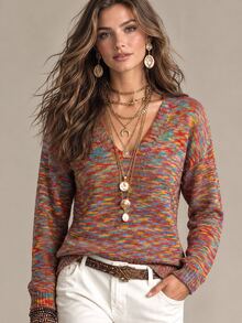 Trelyra European & American Vintage Colorful Yarn V-Neck Knitted Sweater, Versatile Casual Long Sleeve Color-Block Pullover Base Layer Top, Daily Commute Autumn/Winter - Multicolor - View 2